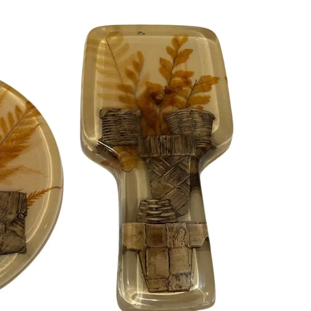 Vintage Lucite kitchen decor dried pressed flowers 1970’s trivet & spoon rest
